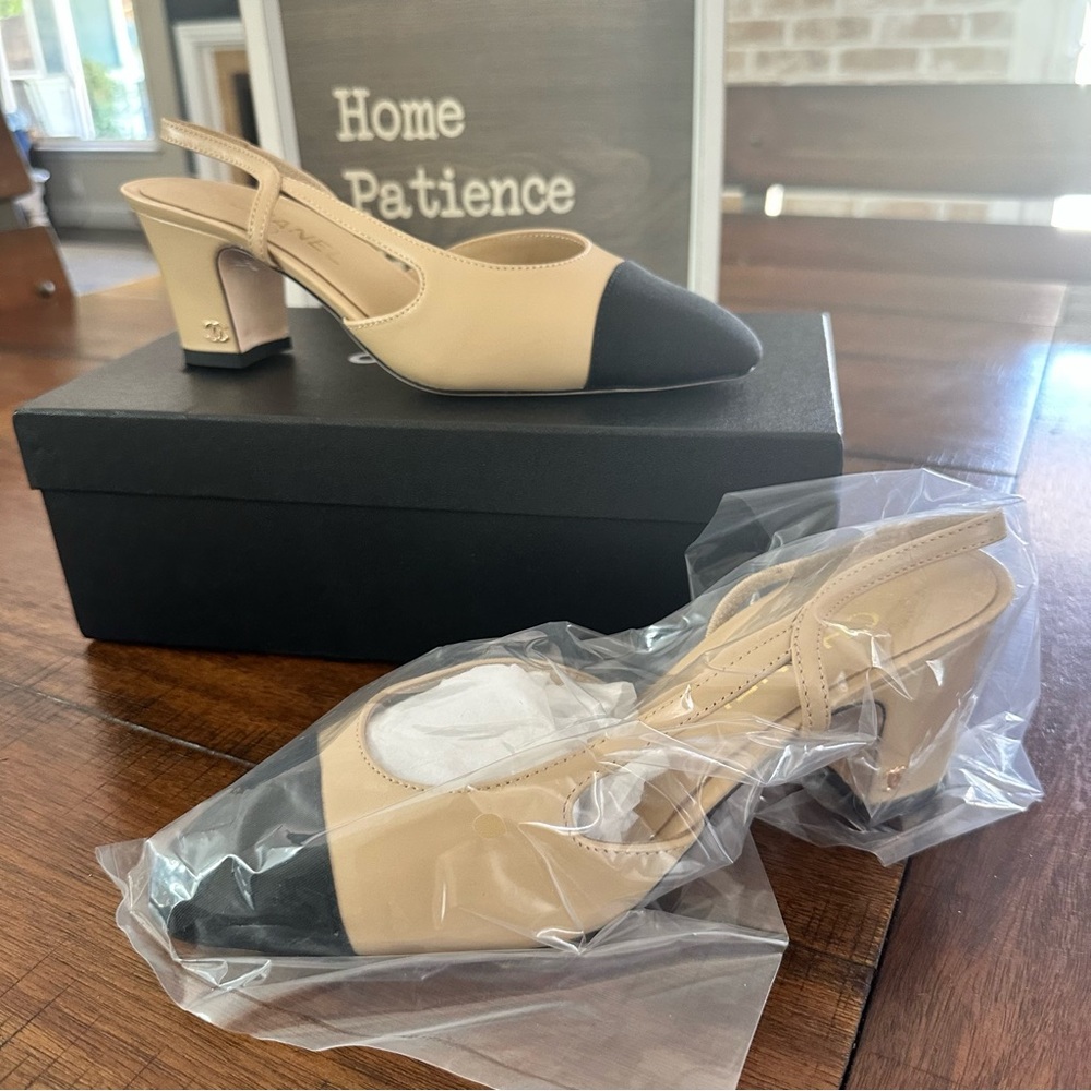 Beige & Black Two-Tone Slingback Heels - image 3